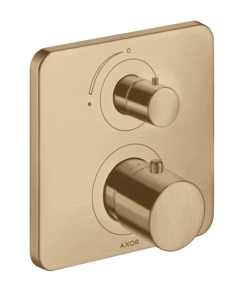 Thermostatmodul mit zwei Reglern in gebürstetem Bronze, montiert auf einer rechteckigen Wandplatte. Das Produkt ist von der Marke AXOR.